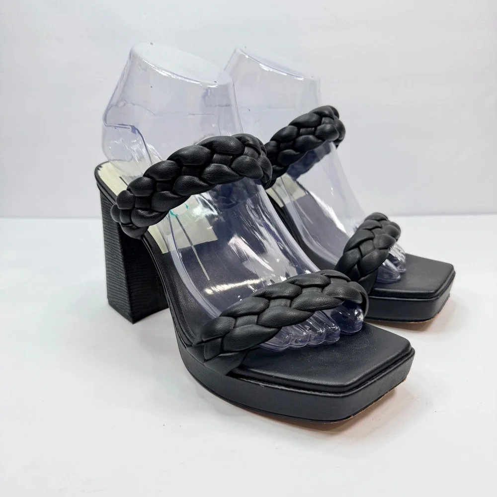 Dolce Vita Womens 7.5 Ashby Platform Sandals Black Braided Square Toe Block Heel